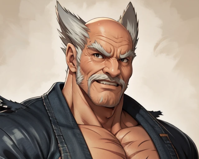 manly old man, retro anime, anime,bald, facial hair, heihachi, wrinkled skin, smile, solo, (dougi:1.1), muscular male, <lora:Heihachi-05:1>, (best quality:1.3)