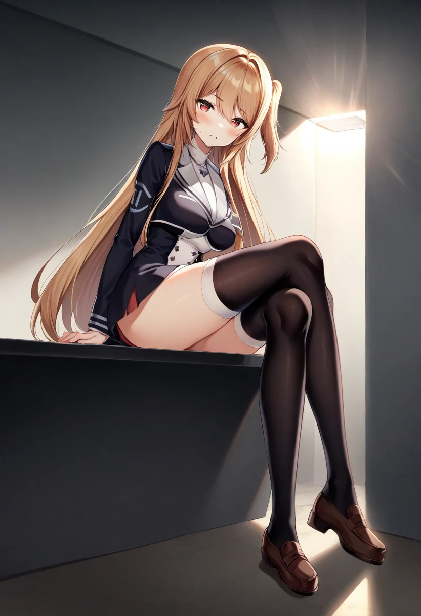 1 girl,kaede,<lora:Kaede:0.8>,standing,black thighhighs,smile,large breasts,long legs,looking at viewer,
sitting,crossed legs,from side,shoes,, (dramatic light:1.5),masterpiece,best quality,very aesthetic,explit,nsfw,absurdres,incredibly absurdres,<lora:add_detail:1>,<lora:- SDXL - vanta-black_contrast_V3.0:0.4>,