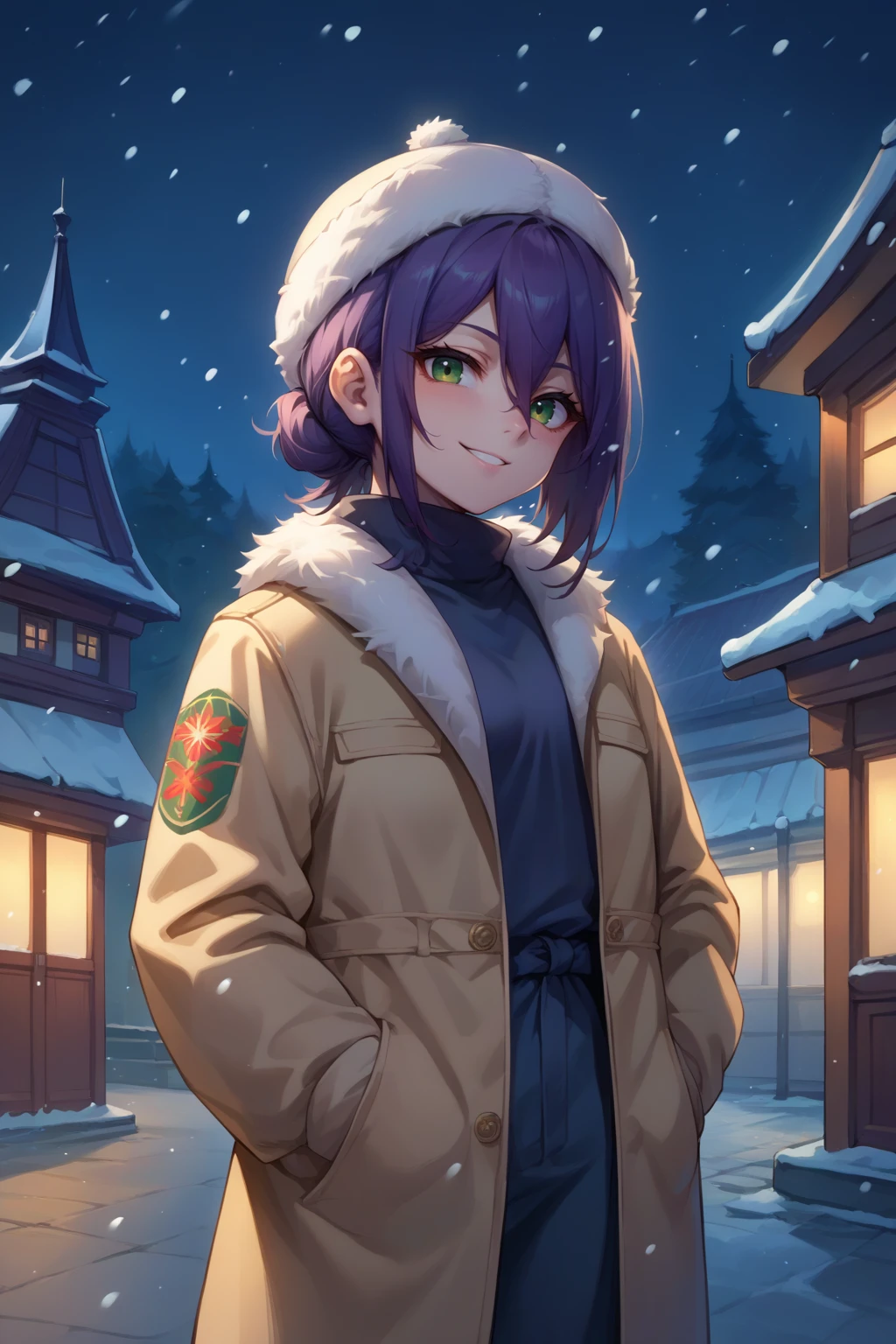 score_9, score_8_up, score_7_up, source_anime, looking at viewer, seductive smile, csmrz, small breasts, medium hair, purple hair, green eyes, hair bun, russian clothes, fur hat, fur jacket, hands in pocket, outdoors, european architecture, moscow, night, snowing, <lora:Hoseki_ChainsawMan_Reze_PDXL_v1:1>