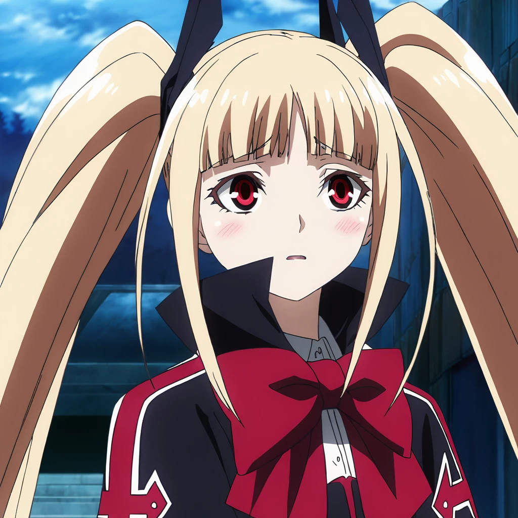 anime artwork illustrating RachelAlucardBB, 1girl, solo, long hair, blush, bangs, blonde hair, red eyes, bow, twintails. created by japanese anime studio. highly emotional. best quality, high resolution