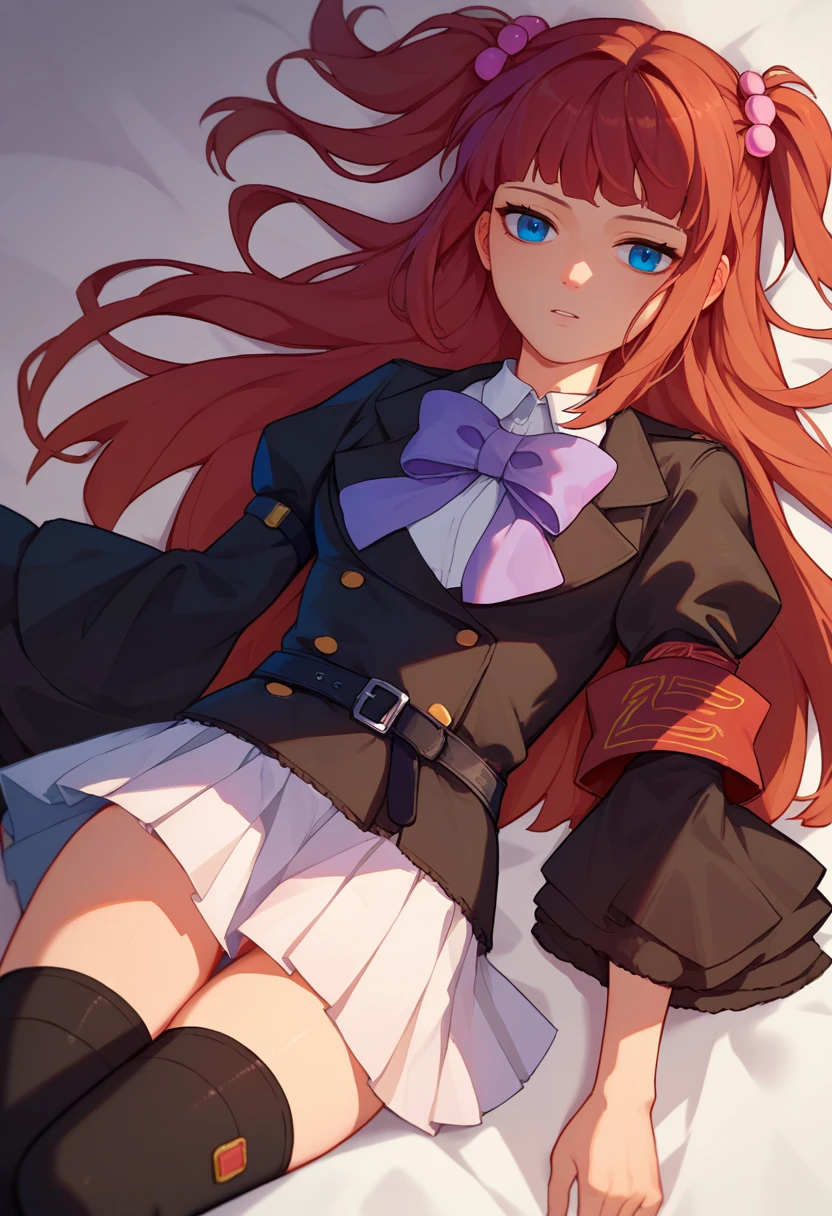 score_9, score_8_up, score_7_up,1girl, Ange, brown hair, two side up, blue eyes, white shirt, purple bow, black jacket, single armband, black belt, white skirt, frilled sleeves, black thighhighs, on back, <lora:Ange 4-000007:1>
