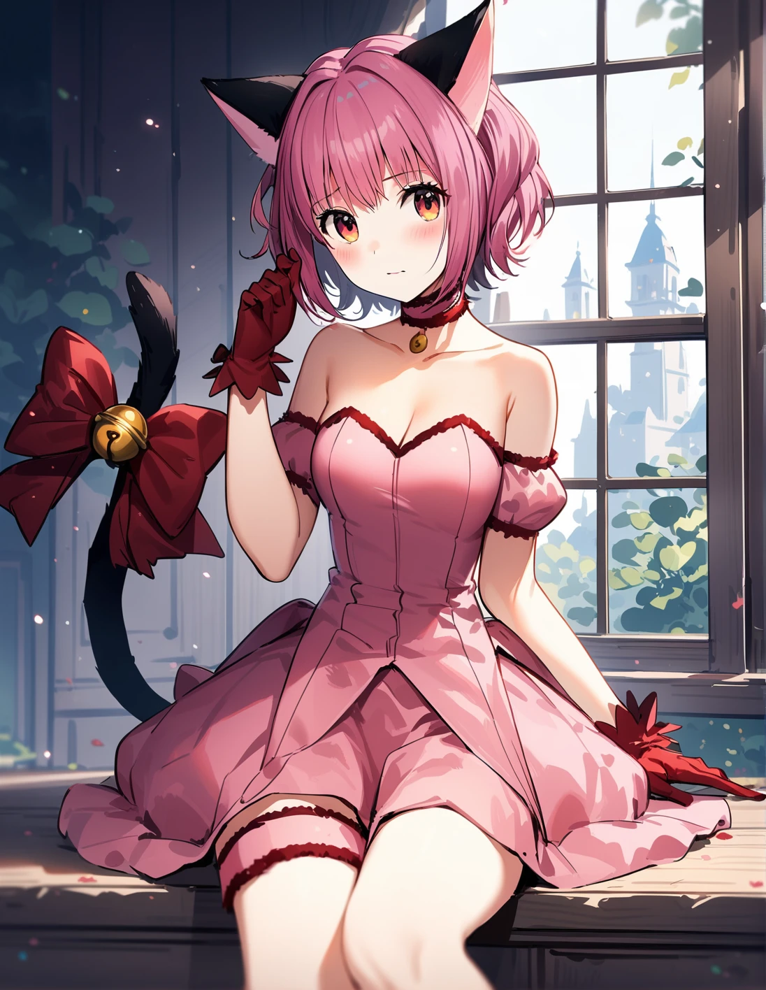 1girl, solo, <lora:sdxl-lyco-mew_ichigo-original-animagine_xl_3_1-v2:1>, mew_ichigo, tail bow, gloves, cat tail, red gloves, tail bell, choker, detached sleeves,pink dress, strapless, sitting , ,shy, best quality,medium quality, very aesthetic, ultra-detailed, intricate details, 4k,, BREAK standing at a window