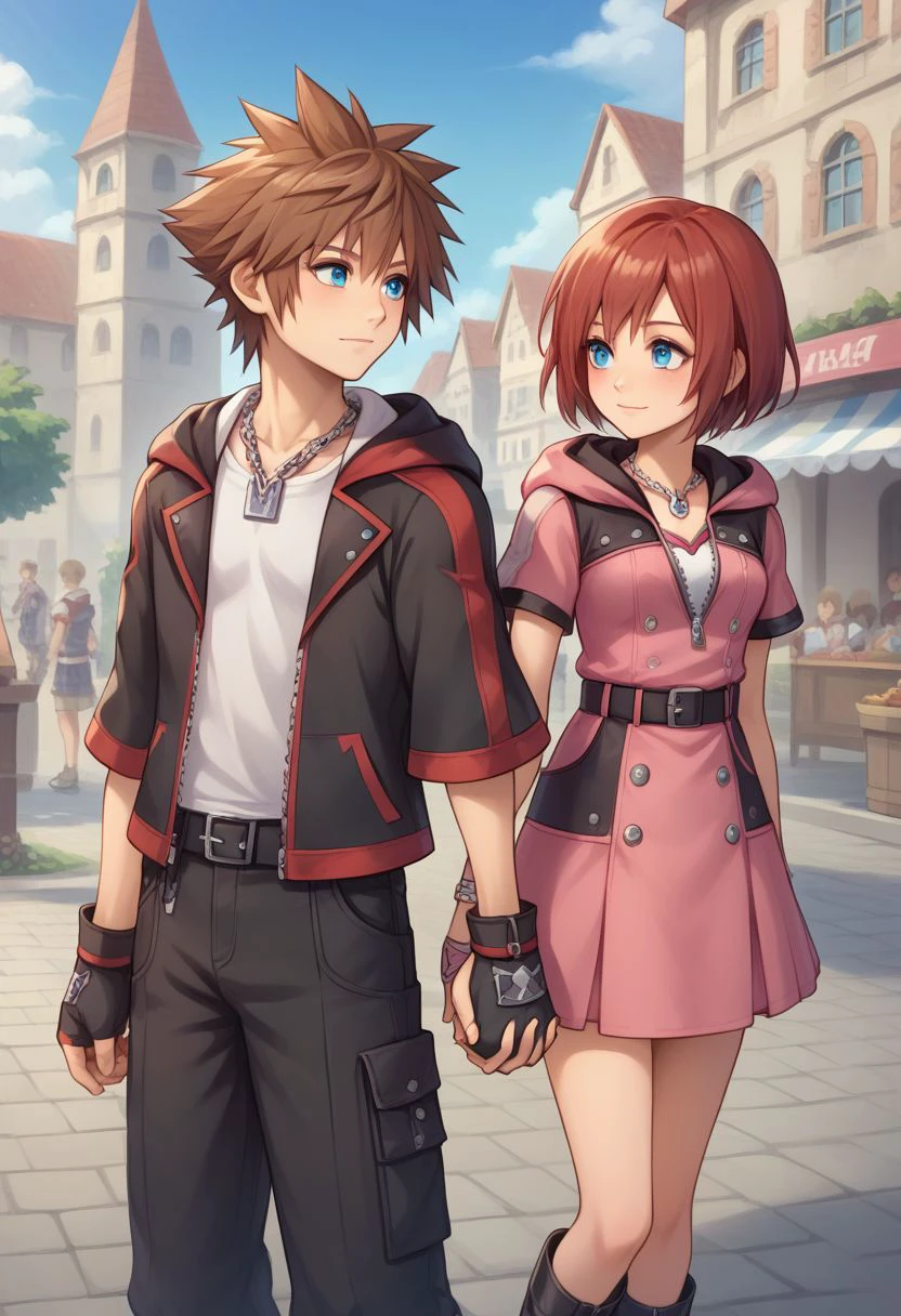 score_9, score_8_up, source_anime, highly detailed, 1girl, 1boy, upper body, 
kairi, 1girl, blue eyes, zipper, jewelry, boots, dress, necklace, short hair, red hair, pink dress, zipper pull tab, pleated dress, short dress, 
sora, fingerless gloves, 1boy, male focus, spiked hair, blue eyes, gloves, necklace, brown hair, hood, short sleeves, 
outdoor, village, holding hands, date,