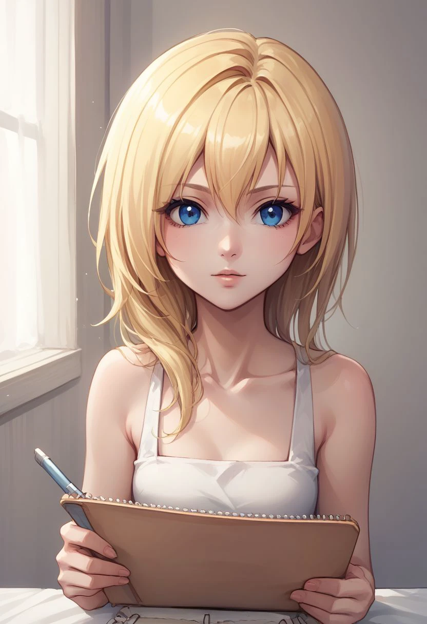 score_9, score_8_up, source_anime, highly detailed, 1girl, 
namine, 1girl, solo, blonde hair, blue eyes, long hair, looking at viewer, sketchbook,
bare shoulders, upper body,
indoor,