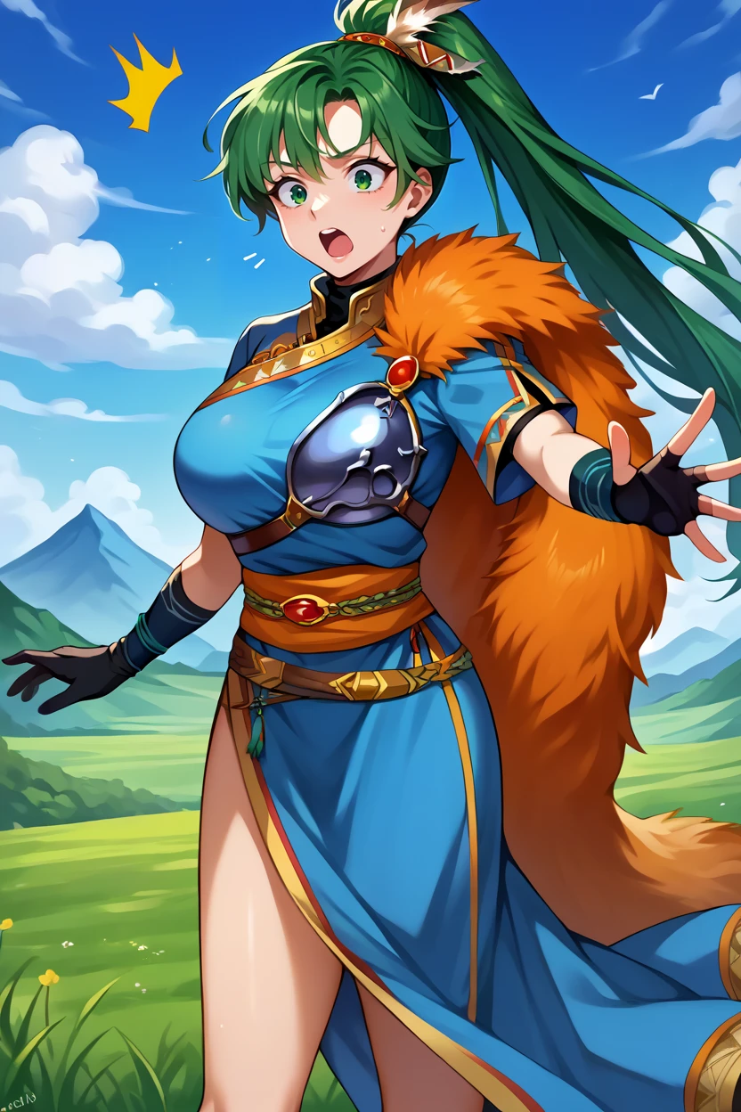 score_9, score_8_up, score_7_up, score_6_up, source_anime BREAK 1girl, solo <lora:lyn-pdxl-nvwls-v1-000005:1> brvLyn, green hair, high ponytail, breast armor, blue dress, short sleeves, orange feather boa, sash, side slit, gloves, big breasts, surprised, open mouth, outstretched arm, mountain, field, blue sky