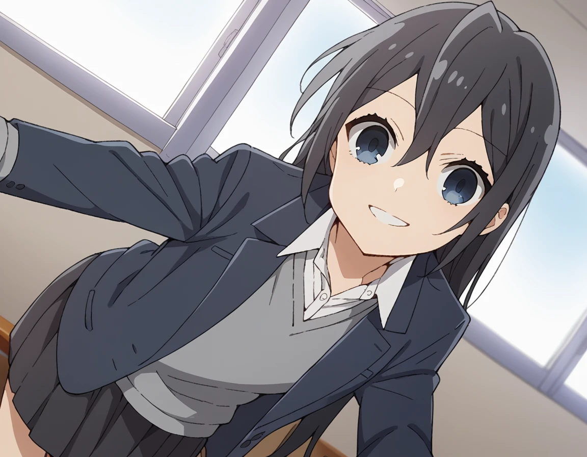 score_9, score_8_up, score_7_up, source_anime,
honokasawada, <lora:honoka-sawada-s2-ponyxl-lora-nochekaiser:1>,
honoka sawada, long hair, blue eyes, black hair, hair between eyes,
shirt, school uniform, jacket, collared shirt, blazer, sweater, grey sweater, white shirt, black blazer, skirt, black skirt,
indoors, classroom, smile, bent over,
cowboy shot, looking at viewer, solo, dutch angle,