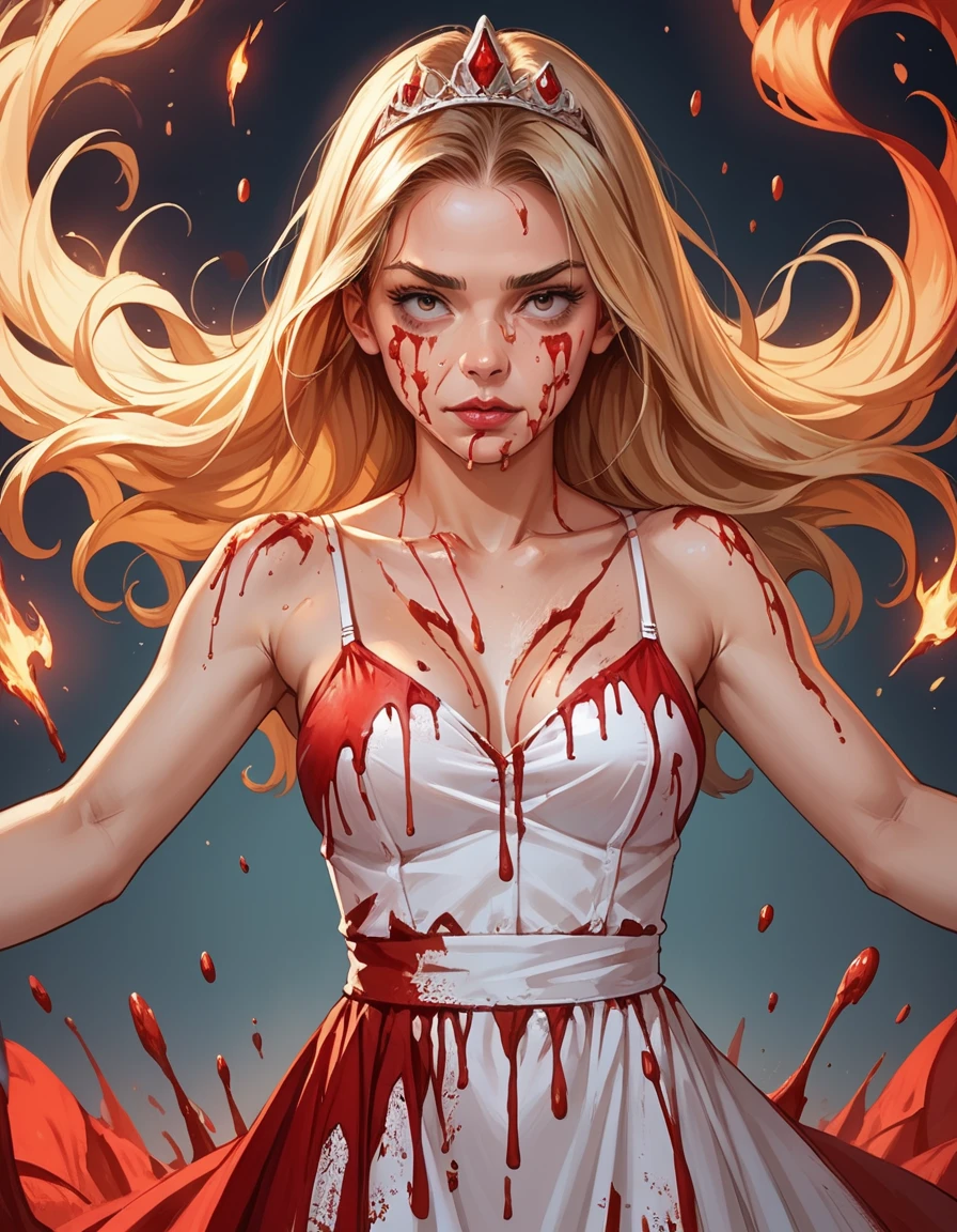 score_9, score_8_up, score_7_up, score_6_up, score_5_up, score_4_up, realistic, blood on face, blood on hair, 1girl, large breasts, solo, upper body, outstretched arms, long blonde hair, hud_c4rrie, dress, spaghetti strap, tiara, long dress, sleeveless, blood, blood on clothes, <lora:carrie:0.6>, flames everywhere, fire, inferno