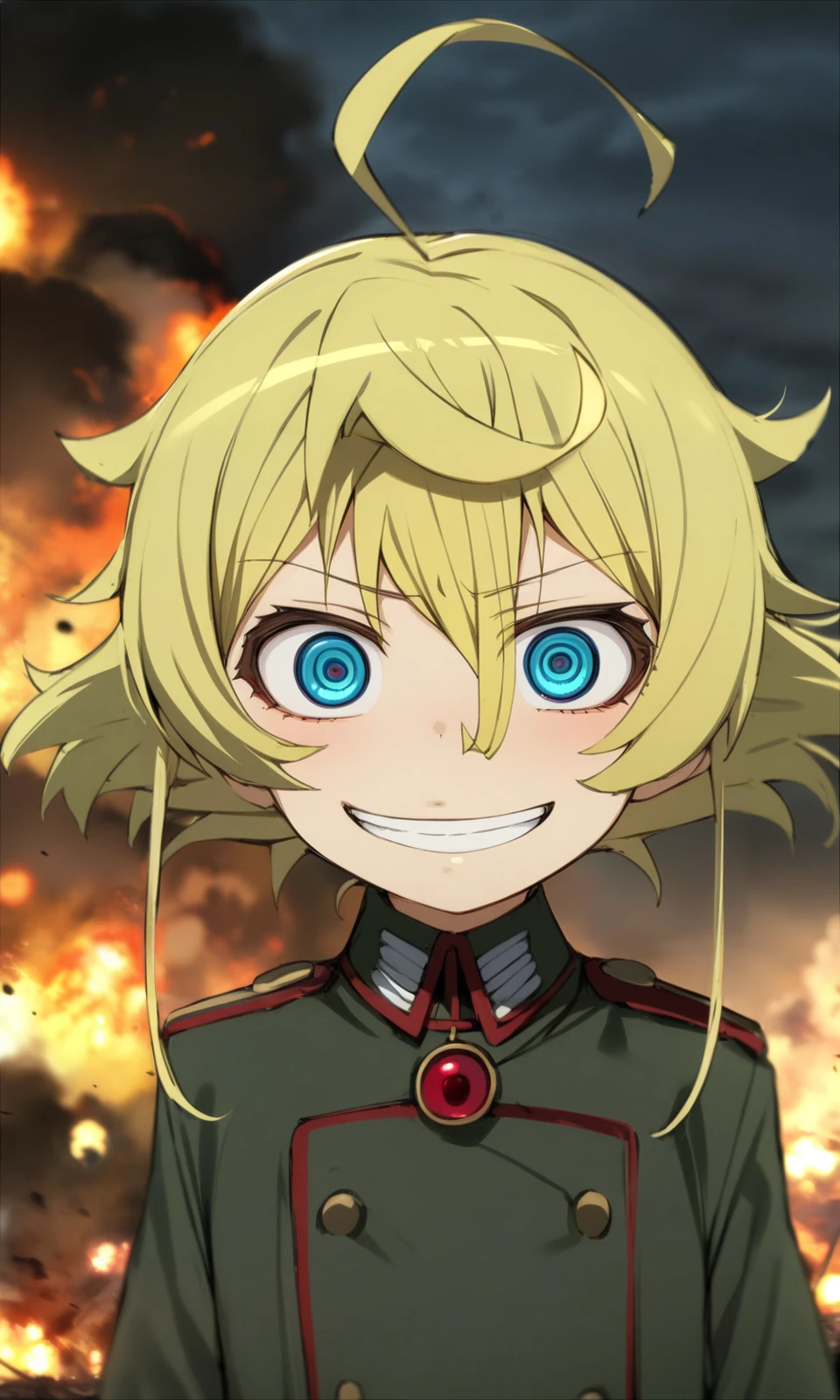 (solo:1.1), (1girl:1.1), tanyadegurechaff, blue eyes, blonde hair, pointy hair, ahoge, 
red gem, military uniform, green clothes, 
standing, upper body, close-up, looking at viewer, straight-on, crazy eyes, crazy smile, 
battlefield, war, night, explosions, fire, sky, 
masterpiece, best quality, very aesthetic, absurdres, nyatabe, ogipote, 
<lora:TanyaDegurechaff_XL:1><lora:Nyatabe_XL:1>