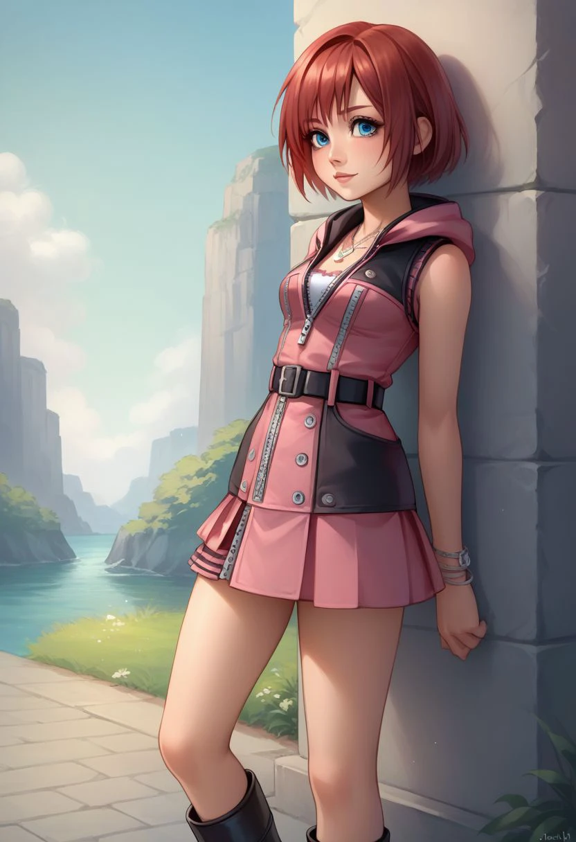 score_9, score_8_up, source_anime, highly detailed, 1girl, solo,
kairi, 1girl, solo, blue eyes, zipper, jewelry, boots, dress, necklace, short hair,
red hair, pink dress, zipper pull tab, pleated dress, short dress, 
outdoor,