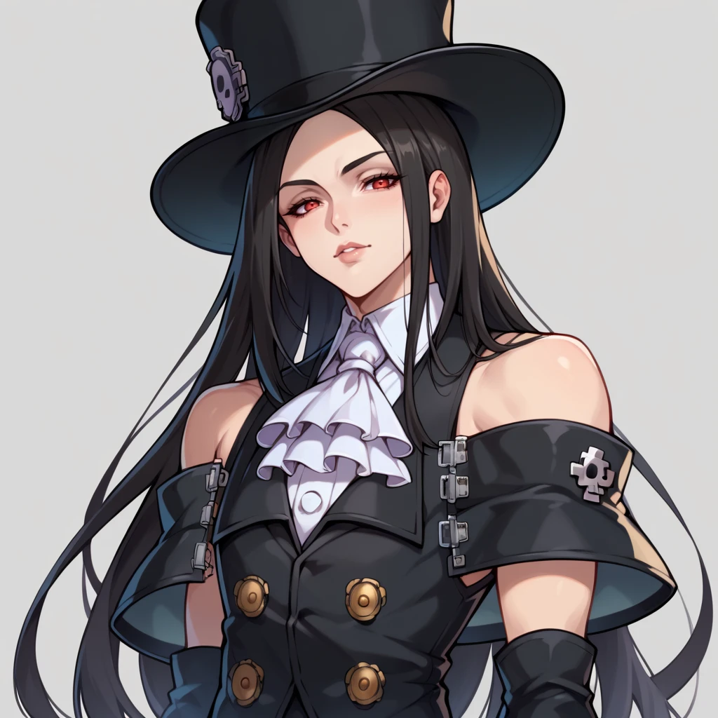 score_9, score_8_up, score_7_up, score_6_up, score_5_up, score_4_up, source_anime, seductive pose,
1other, androgynous, looking at viewer, testament\(guilty gear\), <lora:TestamentGGST:1> ggtestament, black hair, red eyes, long hair, formal, black sleeves, detached sleeves, ascot, top hat, long black skirt, side slit, black vest, fingerless gloves, bare shoulders, asymmetrical gloves, solo