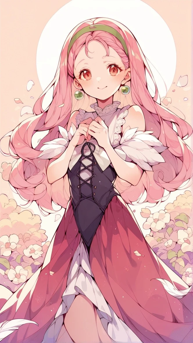 score_9, score_8_up, score_7_up, score_6_up, score_5_up, <lora:pupuri:1>solo,pupuri,white feather dress,wide hips,sleeveless, pink_hair, harvest_moon, standing, beautiful, cute,