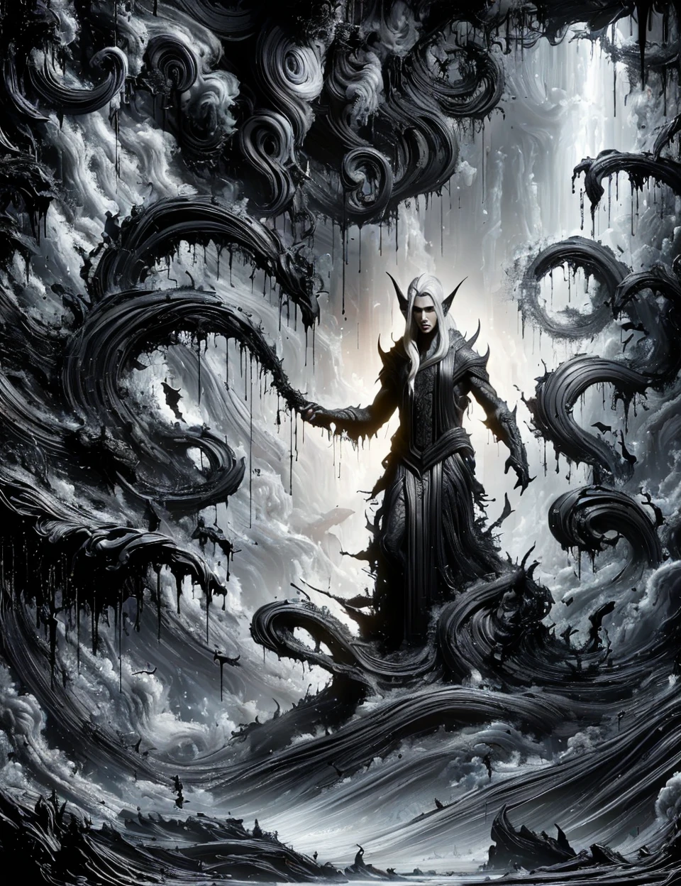 masterpiece illustration, detailed,DonMP41n717Bl4ck naga, fictional elfish individual, slender agile build, gray skin tone, sharp features, pointed ears, silver hair, dark intricate rich ornamented robes, subterranean environments, elusive mysterious, dark nature, fantasy <lora:DonMP41n717Bl4ck:1>