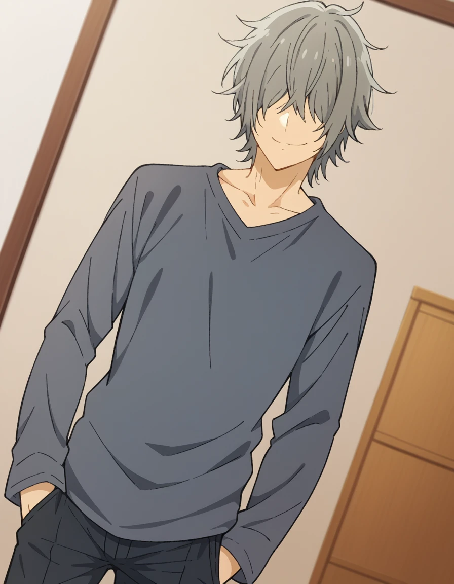 score_9, score_8_up, score_7_up, source_anime,
kyousukehori, <lora:kyousuke-hori-s2-ponyxl-lora-nochekaiser:1>,
kyousuke hori, short hair, bangs, grey hair, male focus, messy hair, hair over eyes,
shirt, long sleeves, grey shirt, pants,
indoors, smile,
cowboy shot, looking at viewer, solo, dutch angle,