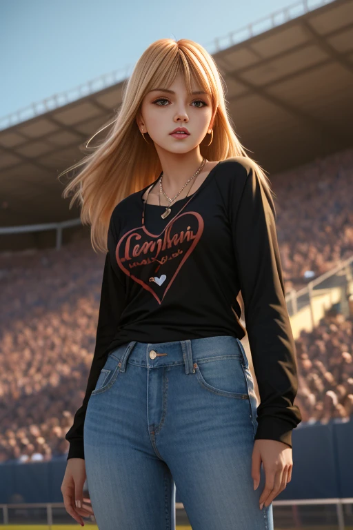 ju1i3t4y10r, sfw, blonde two-tone hair, bangs, brown eyes, long hair, looking at viewer, t-shirt, long sleeves, jewelry, heart, earrings, outdoors, sky, day, pants, necklace, ring, denim, jeans, photo \(medium\), photo background, football field, bleachers, <lora:Julie_Taylor_PMv1b_Lora:1.3>,, official fanart behance hd by jesper ejsing, by rhads, makoto shinkai and lois van baarle, ilya kuvshinov, rossdraws global illumination, ((Medium-Shot))