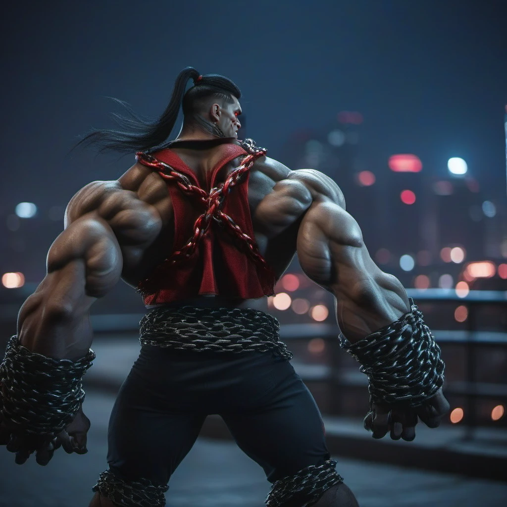 cinematic photo a muscular man, veins, chains, red eyes, pony tail, black hair, claws, night city lights background <lora:Pitt1024:0.8> . 35mm photograph, film, bokeh, professional, 4k, highly detailed