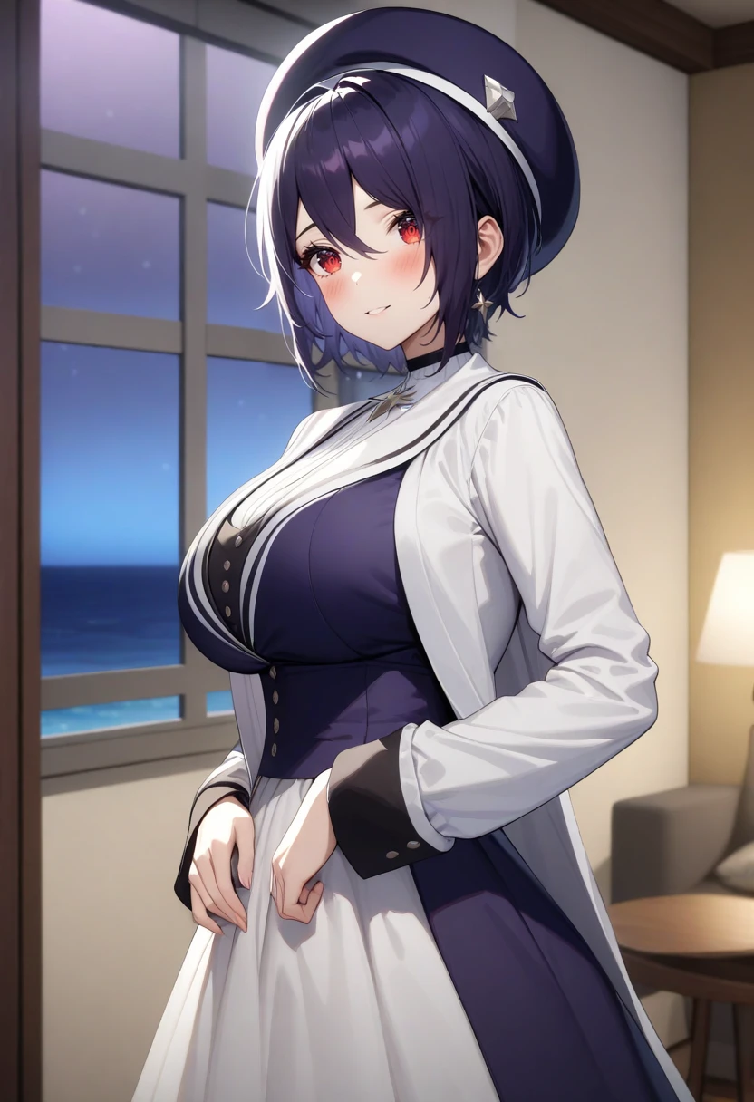 <lora:Tamako:0.8>,tamako,standing,large  breasts,hat,red eyes,close-up,outfit 1,
modern villa,night,indoors,window,ocean,ornate,, (cinematic light:1.5),masterpiece,best quality,very aesthetic,absurdres,incredibly absurdres,<lora:add_detail:1>,