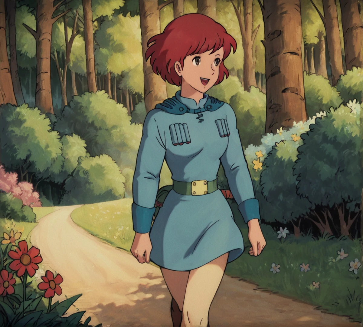 Nausicaa, red hair, zPDXL, best quality, amazing quality, score 9, 1girl, forest, happy, outdoors, flowers, walking, <lora:Nausicaa_r2:0.8>