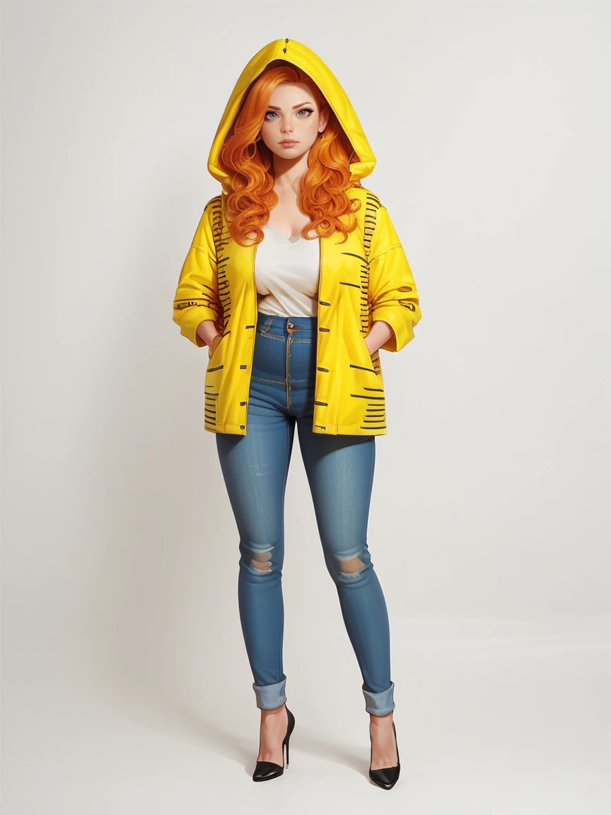 score_9, score_8_up, score_7_up, score_6_up, 1girl, long hair, ginger hair, grey eyes, large breasts, plump, <lora:m34sur1ngXLP:0.9> m34sur1ng, solo, yellow jacket, jeans, high heels, hood