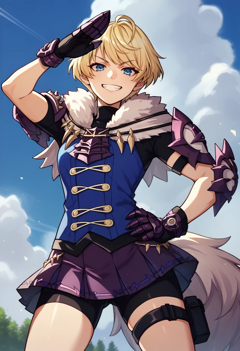 score_9, score_8_up, score_7_up, source_anime, 1girl, cowboy shot, looking at viewer, hand on hip, salute, grin, BREAK <lora:MerrinFE-pdxl:1> defMerrin, short hair, ahoge, blue shirt, fur collar, turtleneck, short sleeves, elbow pads, gauntlets, purple skirt, pleated skirt, bike shorts, wolf tail, black thigh strap, outdoors, sky, cloud