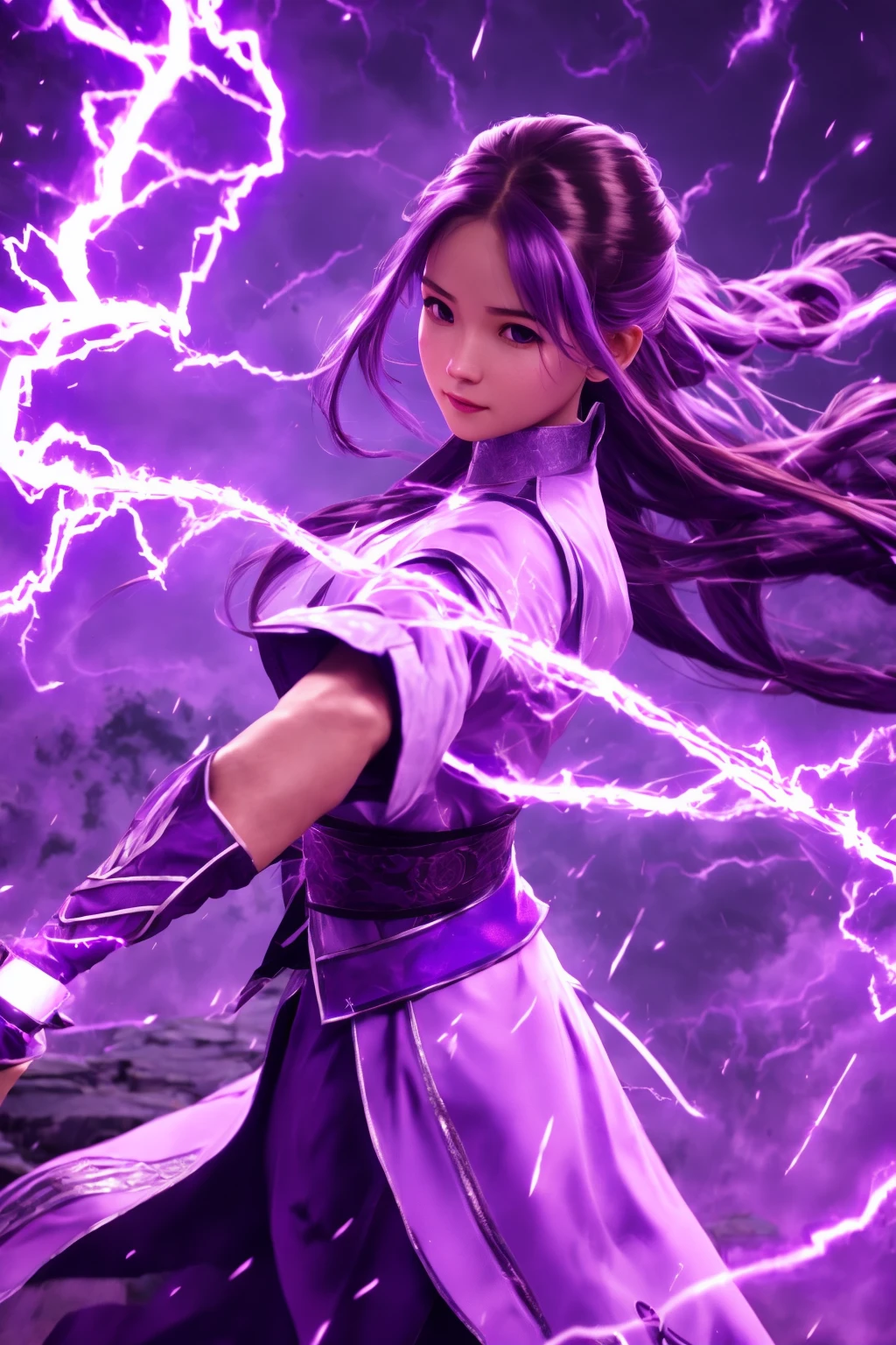 purple-lightning-aura,using purple-lightning-magic,purple-lightning-magic,ancient-costume,dancing,fighting stance,1girl,solo,long hair,brown hair,<lora:magic_fighting_purple_512_dreamshaper_8:0.8>,