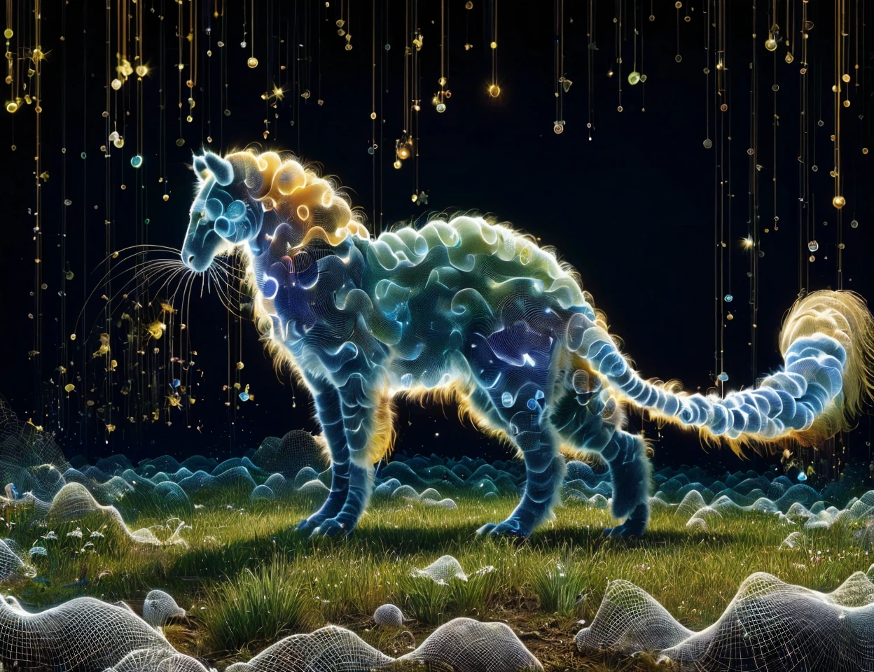 masterpiece, DonMW4v3F0rm5 huge agile rhythmic nostalgic fungoid presence, plantigrade appendages, long-tailed, hairy fur, ,<lora:DonMW4v3F0rm5:1>