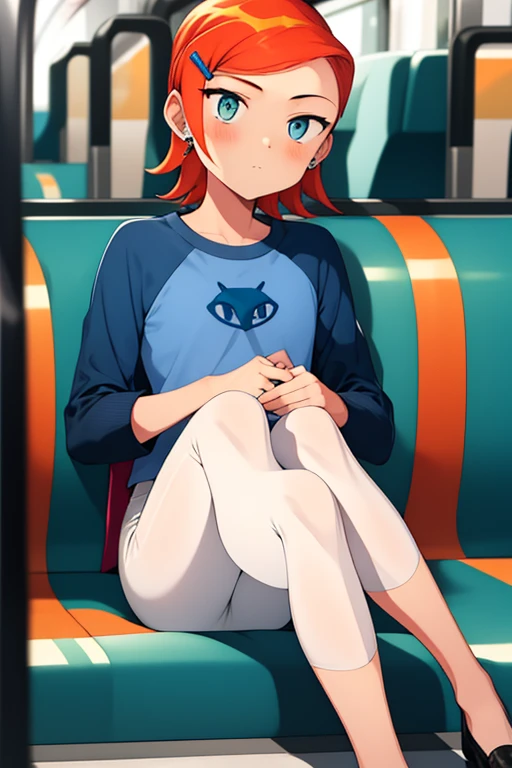 <lora:osgwen-01:1> 1girl, gwen, hair ornament, blue shirt, white pants, sitting inside a metro, full body