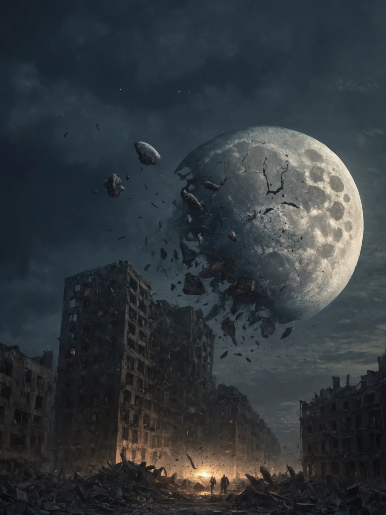 (at night), standing in a devastated and abandoned city, (apocalyptic city foreground), looking up at the sky, the shattered_moon broken by war hangs large in the night sky, <lora:Wolvie_ShatteredMoon_XLv1.1_r1:1>