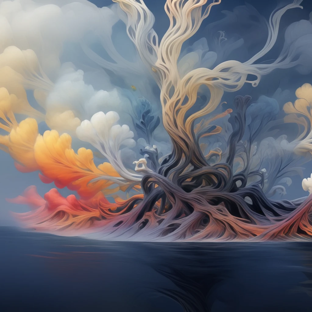 <lora:artfullyTREELUSION_SDXL_V1:1>, arttrlsn, , An ethereal cloud tree with roots and branches that form into various shapes, colorful, concept design for fantasy game, creating an otherworldly atmosphere. The branches of clouds form unique shapes and colors, creating the illusion it is growing from within them. The background features dark tones to contrast the bright colors of the cloudlike branches., detailed, high resolution, smoke billows from its base, symbolizing both chaos and beauty in nature. This concept could be used as a digital art piece or for fantasy book cover design in the style of various artists., symbolizing growth in various areas such as creativity or personal development. Digital art style, the colors of flames glow red, the overall color scheme has light tones. The digital art style creates a mysterious atmosphere in the style of digital art., the sky above is dark blue, the trunk is shaped like an island surrounded by water, white clouds form in various shapes, yellow and orange, An ethereal cloud tree with roots that wind through the sky, A cloud tree with roots that twist and wind