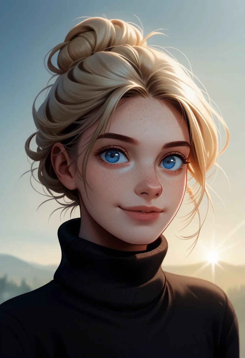 syblz style, 1girl, solo, blonde hair, blue eyes, turtleneck, freckles, upper body, sweater, lips, looking at viewer, black sweater, single hair bun, hair bun, simple background, mini smile, straight on, sky, day, natural lighting, atmospheric lighting,  shallow dof,  zPDXL2