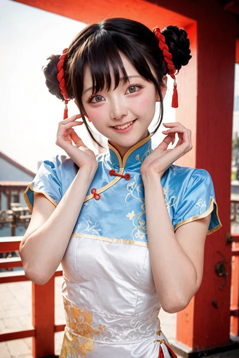 Pozitive_Pony_zPDXL, score_9, score_8_up, score_7_up, score_6_up, masterpiece, ultra detailed, high quality || 1girl, <lora:seeu:1.15> seeu, cosplay, 1girl, looking at viewer, solo, smile, black hair, shy, outdoors, cute pose, cute white dress, chinese clothes, china dress, cowboy shot,