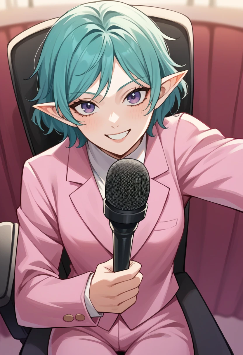 score_9, score_8_up, score_7_up, source_anime BREAK 1girl, solo,  <lora:zs_TrishXL:1> trishp2, short hair, aqua hair, pointy ears, purple eyes, pink blazer, pink pants, holding microphone, pov, looking at viewer, smile, tv set, sitting on chair