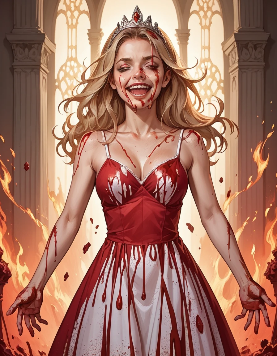 score_9, score_8_up, score_7_up, score_6_up, score_5_up, score_4_up, realistic, blood on face, 1girl, large breasts, solo, upper body, outstretched arms, long blonde hair, hud_c4rrie, dress, spaghetti strap, tiara, long dress, sleeveless, blood, blood on clothes, <lora:carrie:0.7>, flames everywhere, fire, inferno, people in background laughing