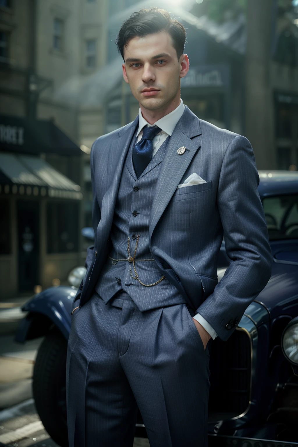 1920s Fashion, professional photo of thin male baron with light blue striped suit, close-up, portrait, 4k, 8k, high quality, perfect lighting, detailed face and detailed eyes, skin detail, solo focus, photography raw, (outside club, in front of car), studio lighting, full body, looking at camera <lora:1920s-000002:0.7>, detailed eyes, pretty face, full body