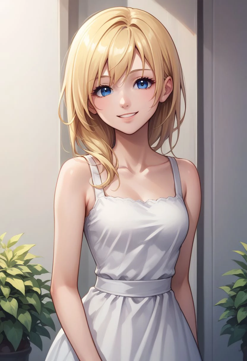 score_9, score_8_up, source_anime, highly detailed, 1girl, 
namine, 1girl, solo, blonde hair, blue eyes, dress, smile, upper body, sundress,