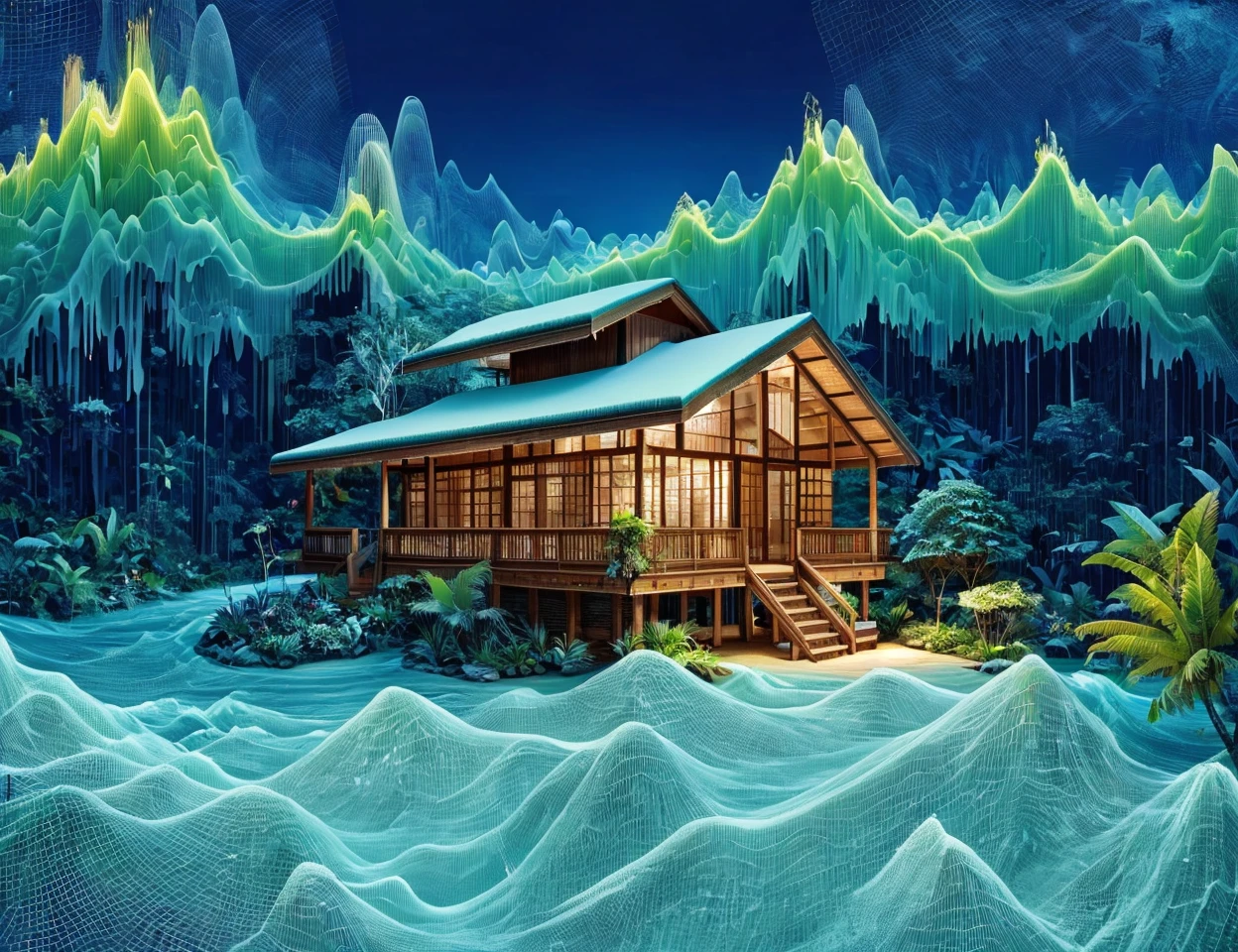 masterpiece, DonMW4v3F0rm5 ski resort town bungalow in tropical rainforest biome ,waveforms <lora:DonMW4v3F0rm5:1>