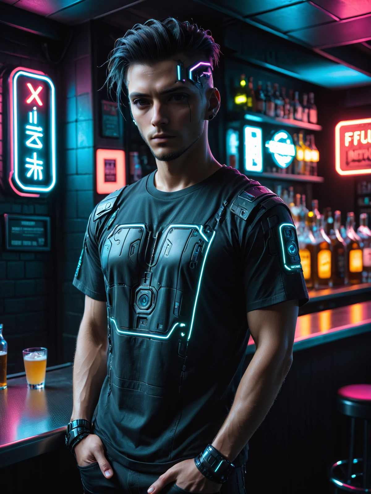 man, mad-hdwr, cyberpunk, bar, black t-shirt, night, neon light <lora:Neon_Cyberpunk_Headware_SDXL:0.8>, raw photo, film grain, Fujifilm XT3, (photorealistic, realistic:1.2), deep shadow, 8k, uhd, dslr, ultra high res
