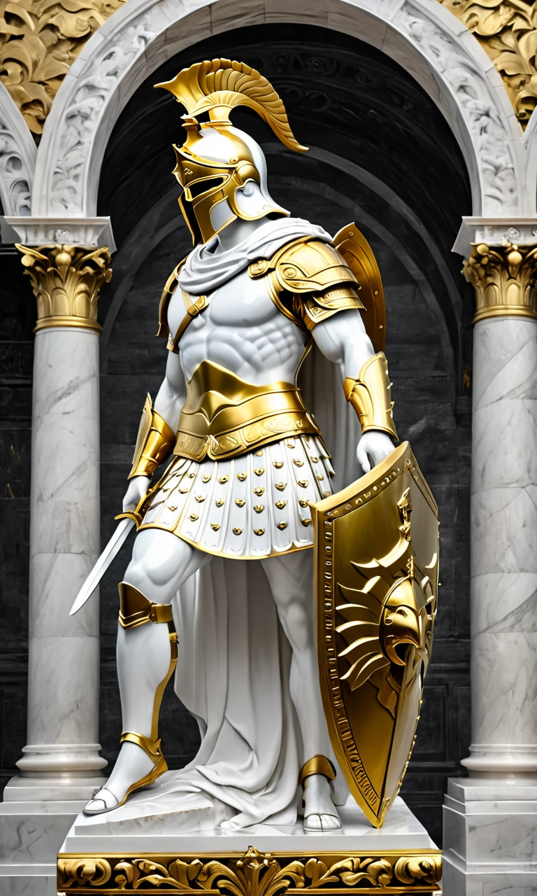 a statue of a man in armor, best quality, masterpiece, <lora:cstatuesdxl:0.8>, cstatuesdxl, white and gold,hood, carrying a sword