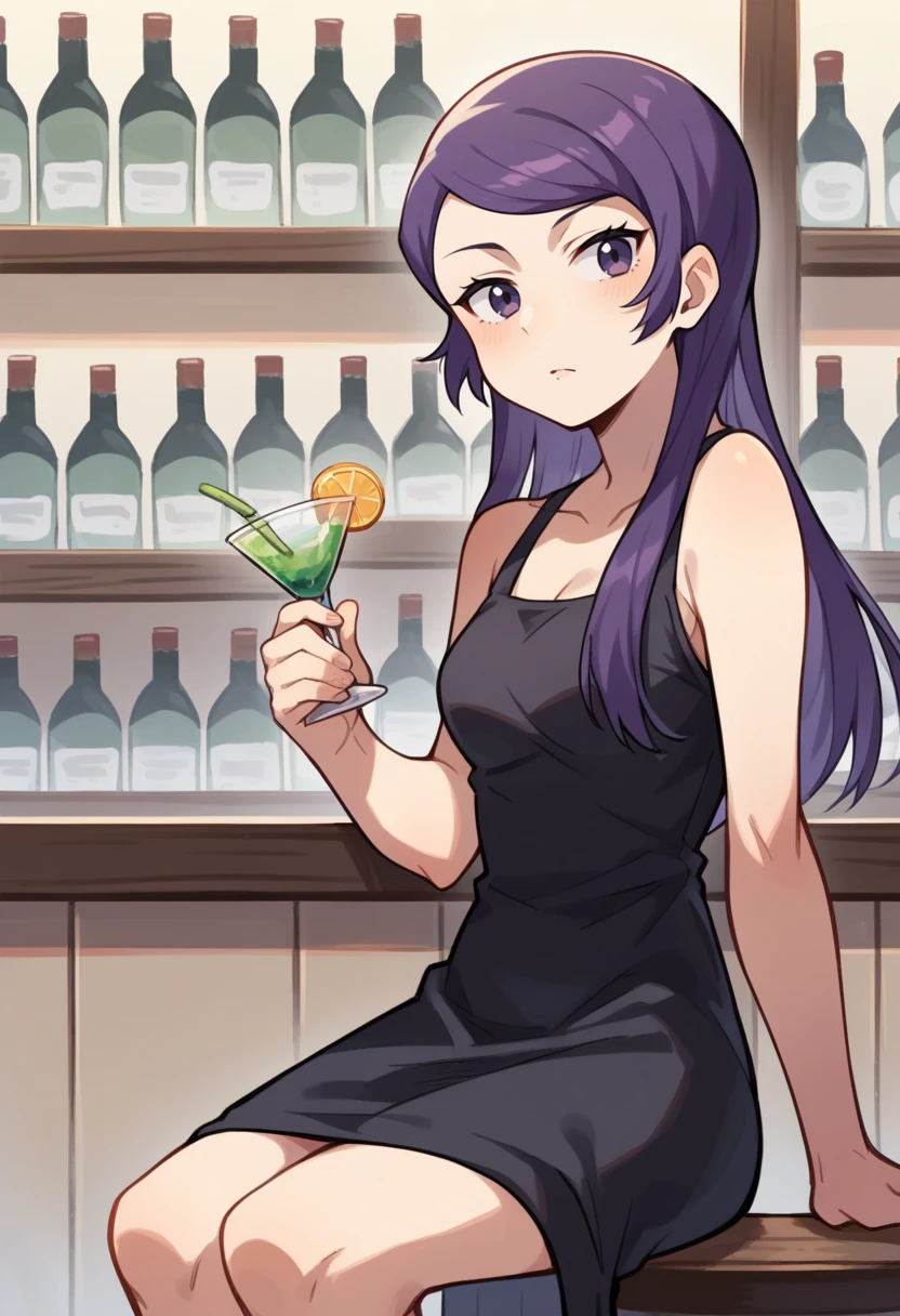 score_9, score_8_up, score_7_up, source_anime BREAK 1girl, solo, <lora:zs_ShioriXL-000007:1> shiorip2, long hair, swept bangs, dark purple hair, black dress,
cowboy shot, bar, sitting, dark, drinking cocktail