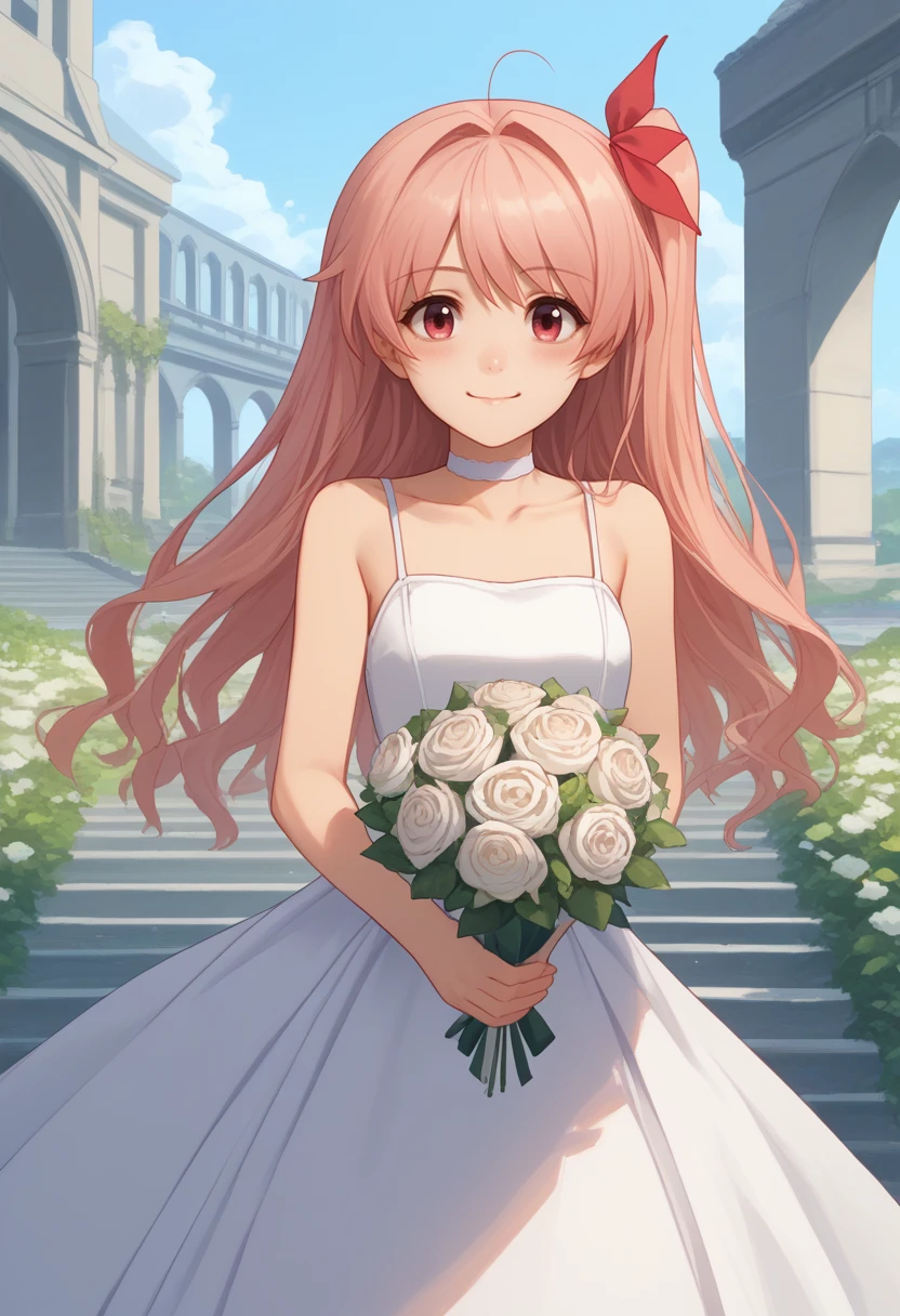 score_9, score_8_up, score_7_up, source_anime, solo, 1girl, sakihata rimi, blush, happy, looking at viewer, holding bouquet, antenna hair, one side up, hair ribbon, white dress, sleeveless dress, white choker, bare shoulders, collarbone, outdoors, arch <lora:chaoshead_sakihata_ponyXL-000008:1>