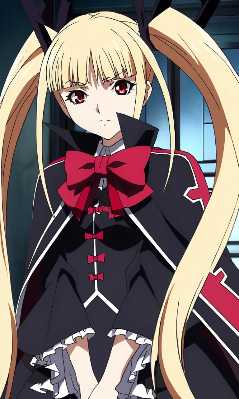 anime artwork illustrating RachelAlucardBB, 1girl, solo, long hair, bangs, blonde hair, red eyes, bow, twintails, black dress. created by japanese anime studio. highly emotional. best quality, high resolution