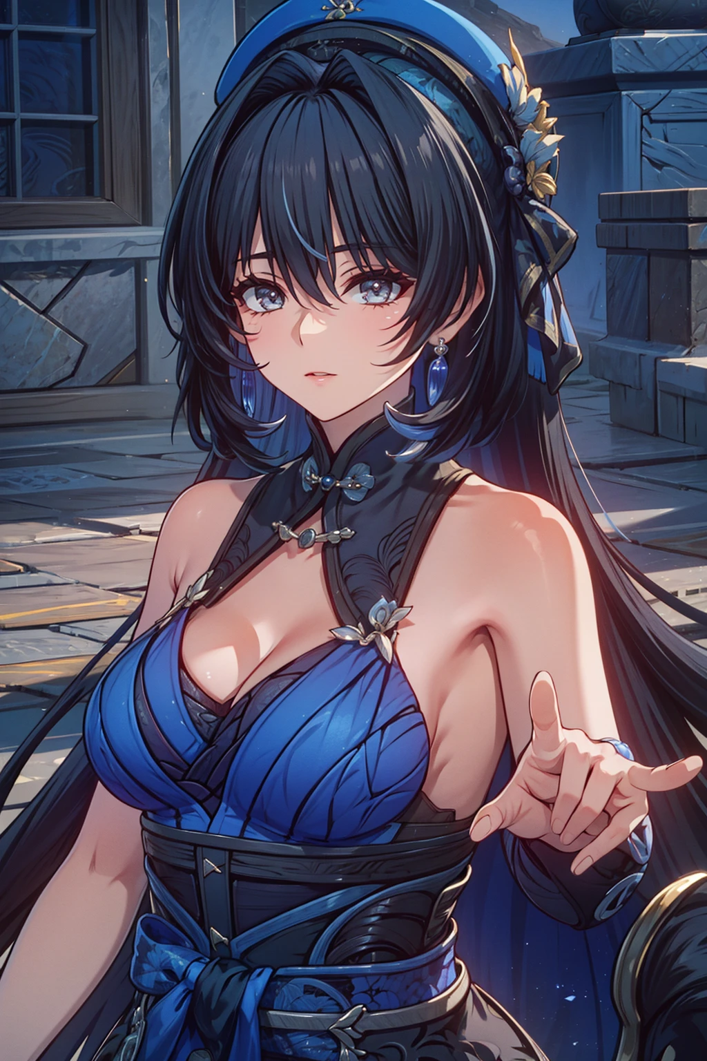 1 beautiful woman, fair skin, long dark hair, ponytail, ((blue eyes, detailed eyes:1.2)), medium breasts, wearing sexy superhero costume, sleeveless, sideboob, elegant, sensual, (masterpiece, top quality, best quality, official art, beautiful and aesthetic:1.2), extreme detailed, colorful, highest detailed, unreal engine 5, 8k
