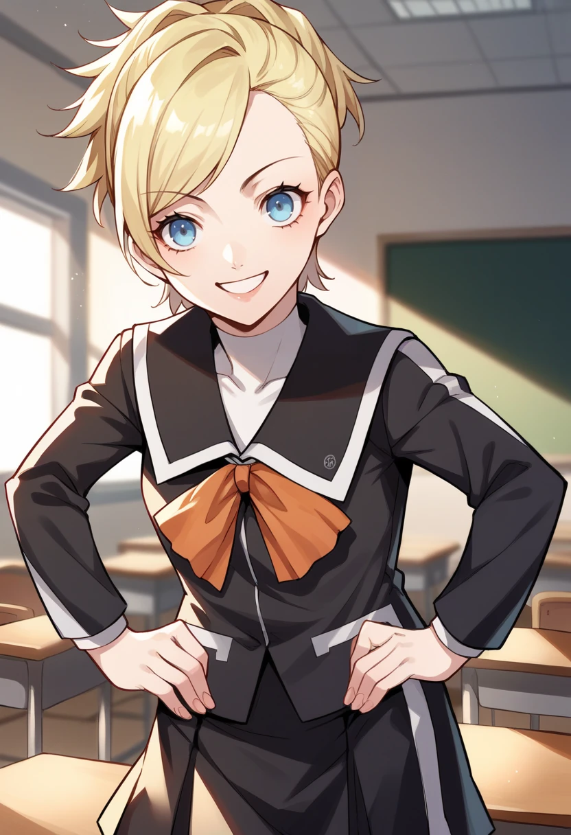 score_9, score_8_up, score_7_up, source_anime BREAK 1girl, solo,  <lora:zs_LisaXL:1> lisap2, blonde hair, short hair, ponytail, blue eyes, school uniform, long sleeves, orange ribbon, skirt, knee socks
cowboy shot, classroom, looking at viewer, smile, hands on hips