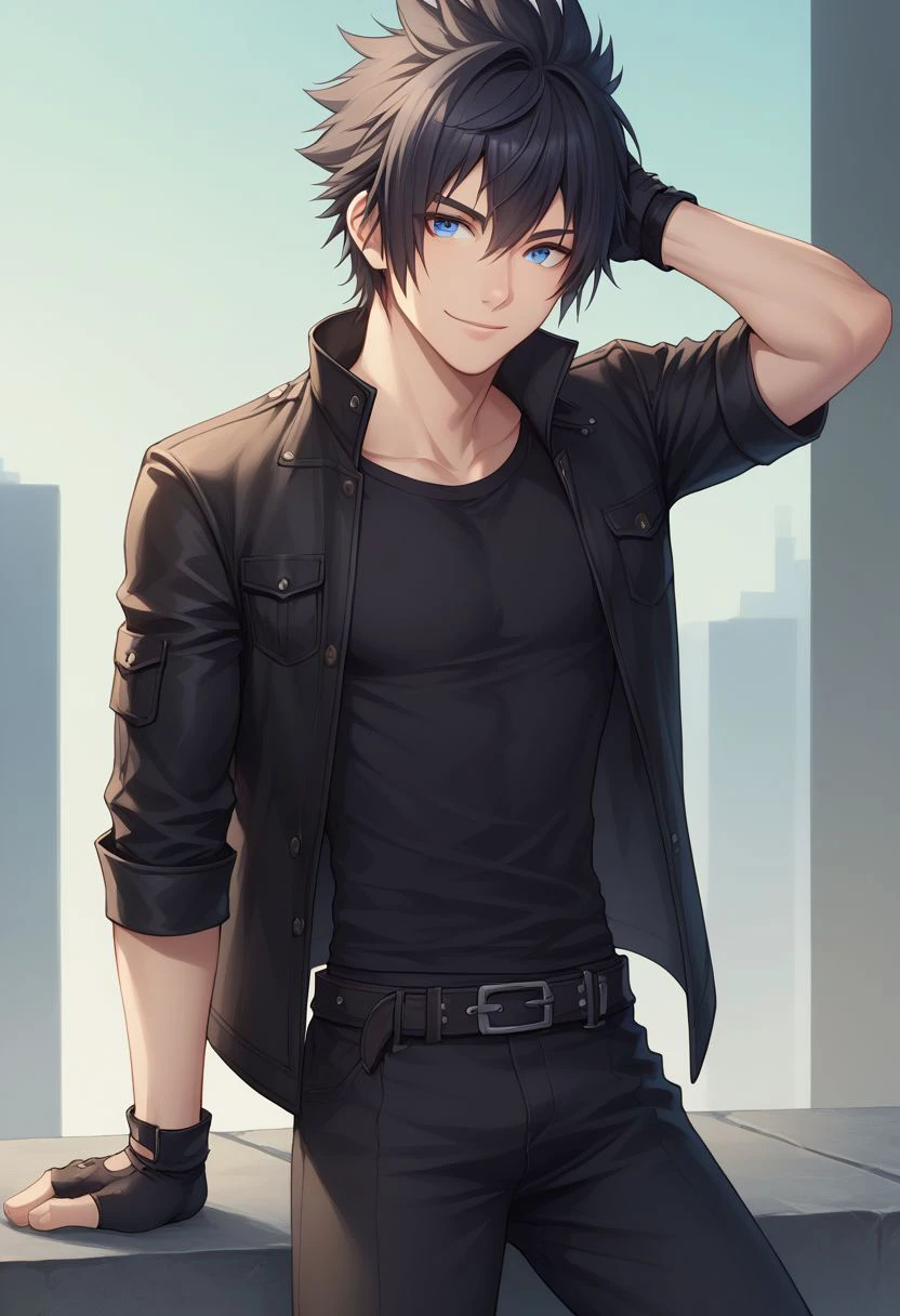 score_9, score_8_up, source_anime, highly detailed, 1boy, solo, male_focus,
noctis, 1boy, male focus, solo, blue eyes, black hair, spiked hair, gloves, fingerless gloves, black shirt, jacket, black jacket, black pants, hand being head, 
outdoor, posing for a photo smile,