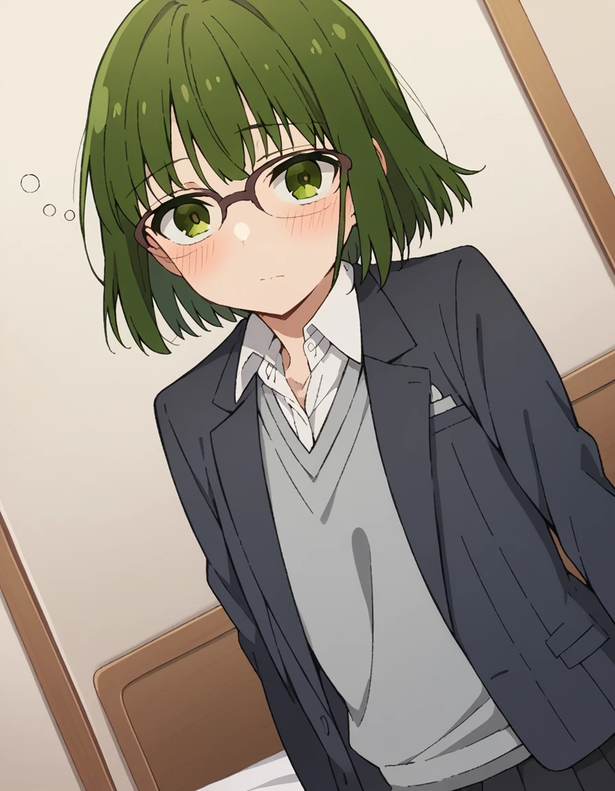 score_9, score_8_up, score_7_up, source_anime,
sakurakouno, <lora:sakura-kouno-s2-ponyxl-lora-nochekaiser:1>,
sakura kouno, short hair, bangs, green eyes, green hair, glasses, semi-rimless eyewear, over-rim eyewear,
shirt, school uniform, jacket, collared shirt, blazer, sweater, grey sweater, white shirt, black blazer, skirt, black skirt,
indoors, bed, bed room, on side, blush, drunk,
cowboy shot, looking at viewer, solo, dutch angle,