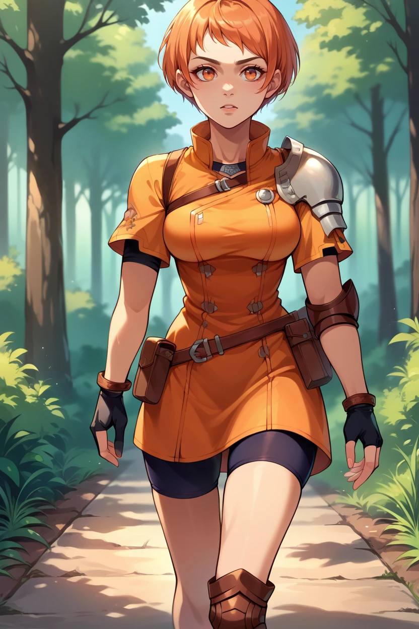 score_9, score_8_up, score_7_up, score_6_up, source_anime, BREAK 1girl, solo <lora:leonie-pdxl-nvwls-v1-000005:1> hopesLeonie, short hair, single shoulder pad, orange hair, orange eyes, orange dress, short sleeves, short dress, black gloves, fingerless gloves, elbow pad, pouch, medium breasts, forest, walking, night