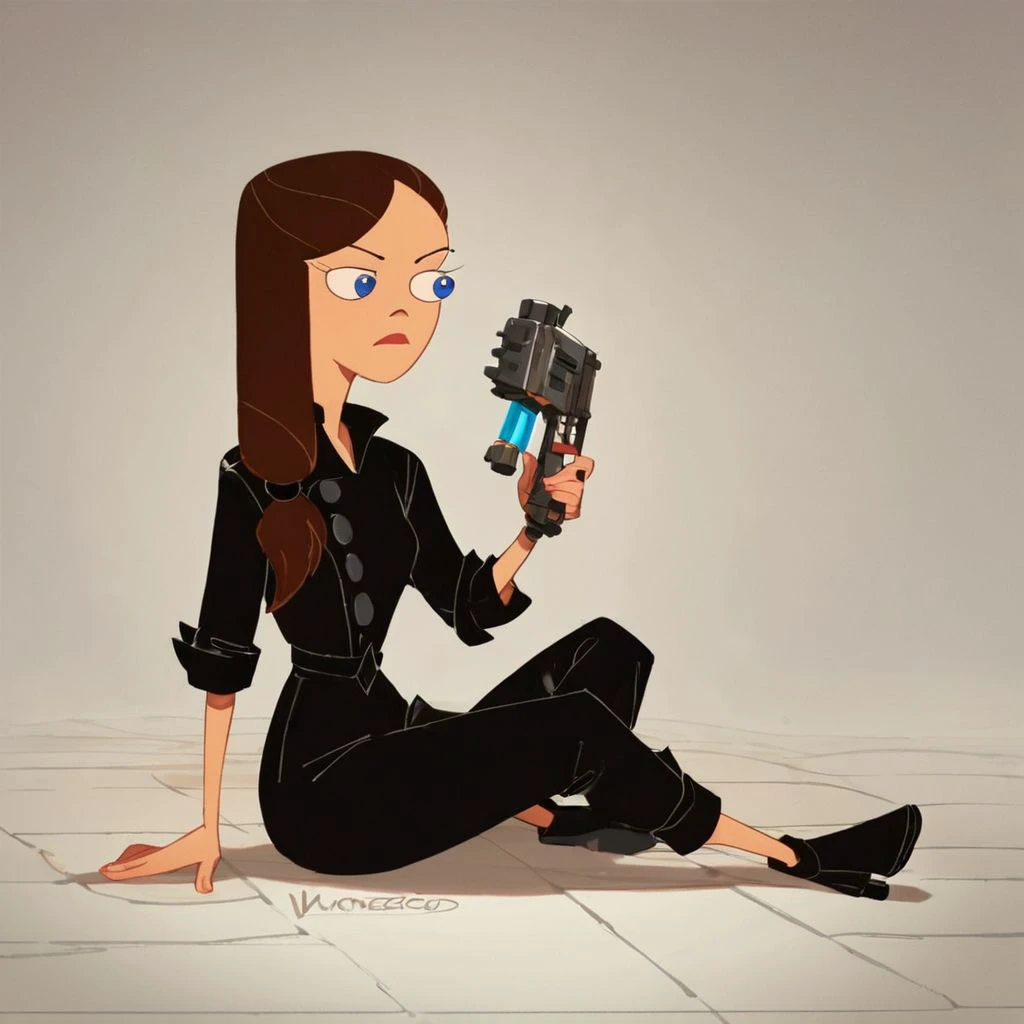 score_9, score_8_up, score_7_up, score_6_up, score_5_up, score_4_up, rating_safe, 1girl, VanessaDoof, black outfit, cartoon, sitting on the floor, holding a sci-fi weapon