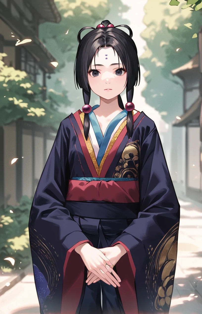 è²å, sadamitsu, 1girl, petite, skinny, black hair, hair bobbles, hair tubes, parted bangs, sidelocks, hair rings, ponytail, forehead mark, layered black kimono, hakama, slums, score_9, score_8_up, score_7_up, score_6_up, source_furry, source_anime, medium forcus, <lora:Sadamitsu-XLPony_009:1>