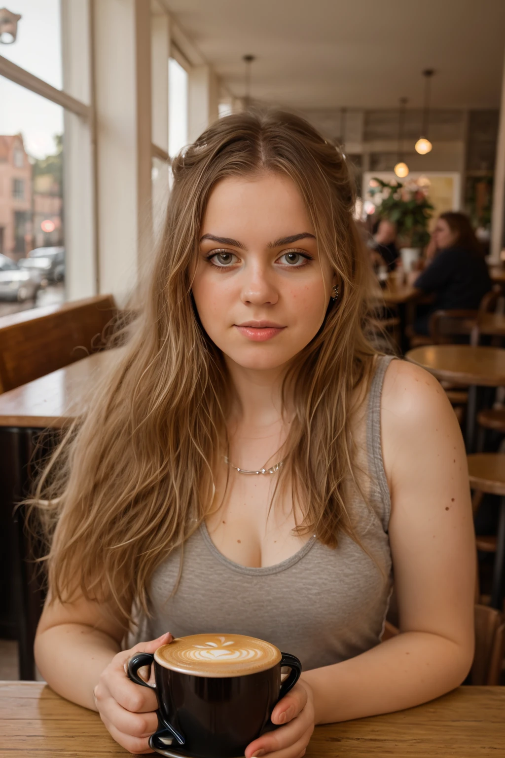<lora:SamanthaB:0.8>, full color portrait of a young woman, having coffee at a vintage cafe, natural light, RAW photo, subject, 8k uhd, dslr, soft lighting, high quality, film grain, Nikon D850
