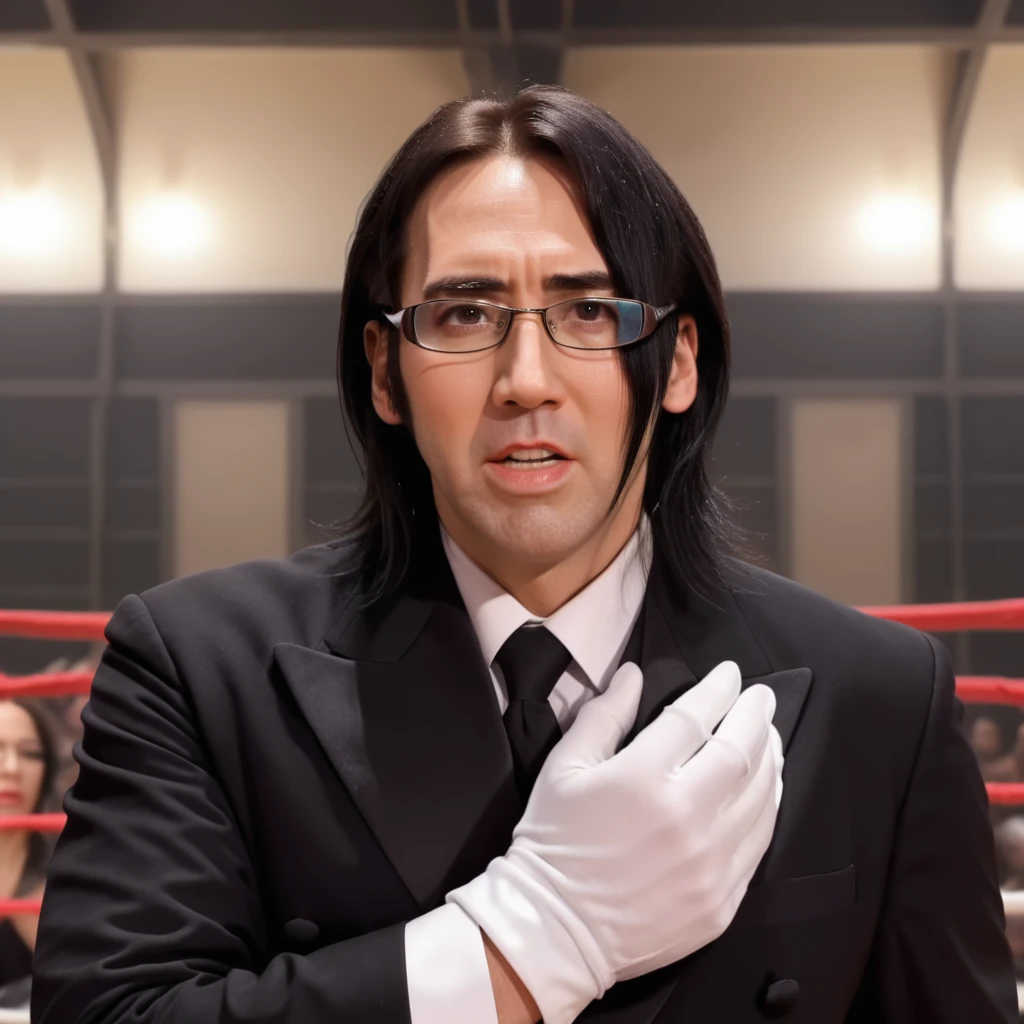 Nicolas Cage,Create a realistic image of a male butler wearing formal attire and gloves, with long hair covering one eye, and glasses. The butler should be reaching out towards the camera with an inviting gesture, palm facing up,<lora:yareayare:0.85> ,muscular, strong,Located in the wrestling ring