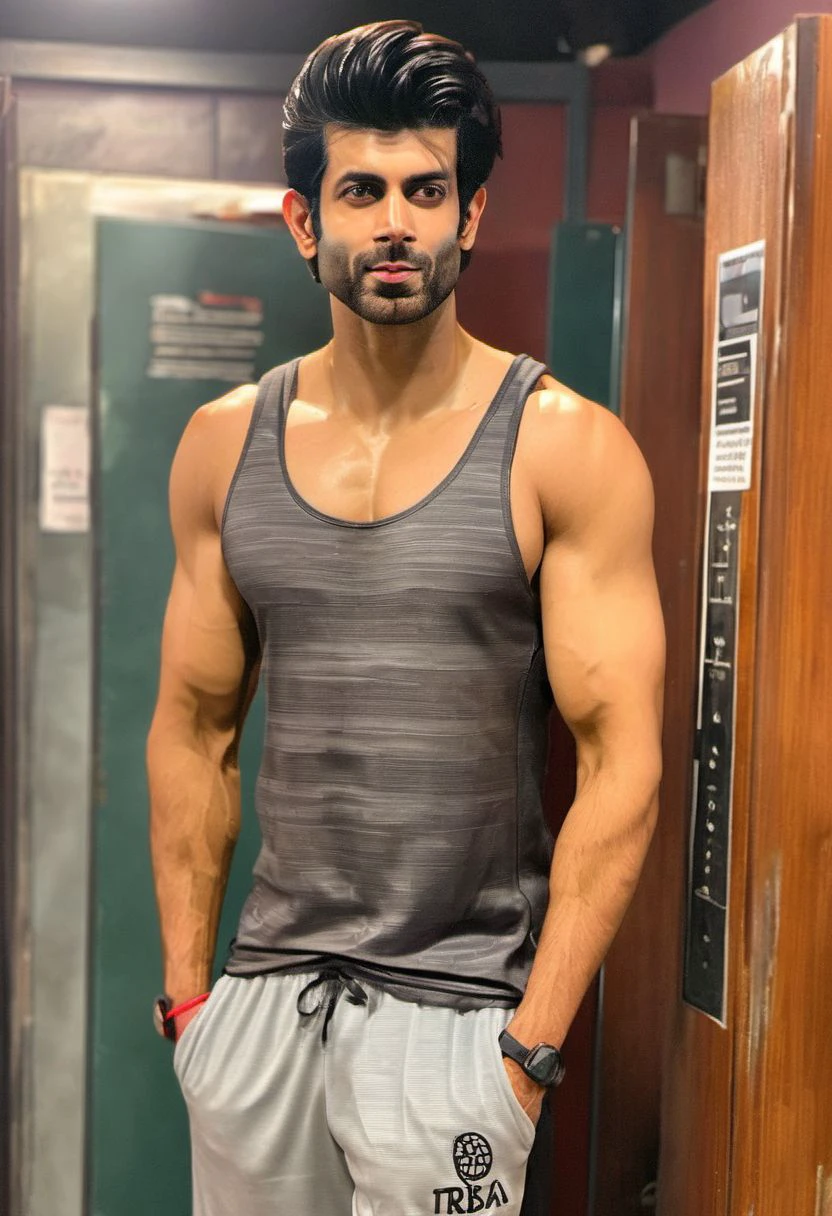 (RAW photo:1.4), sendhil ramamurthy a man <lora:Namik-Paul_Sendhil-Ramamurthy:1>, looking at viewer, smirk, full body, wearing tank top, sweating, towel around neck, standing, dark features, smooth, muscles, barefoot, ((steamy locker room setting)), intricate details, 8k, ultra-high-definition, (photo-realistic:1.3),(fit and sculpted physique:1.1), (accentuating his every curve:1.1), (subtle sheen and texture:1.2), (soft and brightly lit:1.2), (muted color palette:1.1),